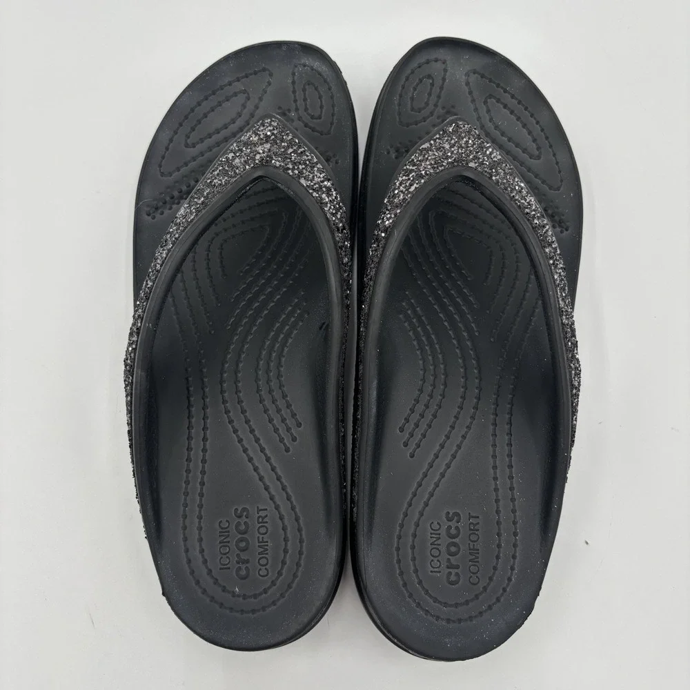 CROCS Sloane Sandals Womens 9 Glitter Wedge Flip Flops Slip On Black